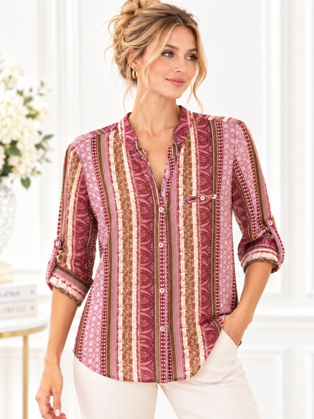 KUT From The Kloth Pink Boho Stripe Paisley Button Front Blouse | Size Medium